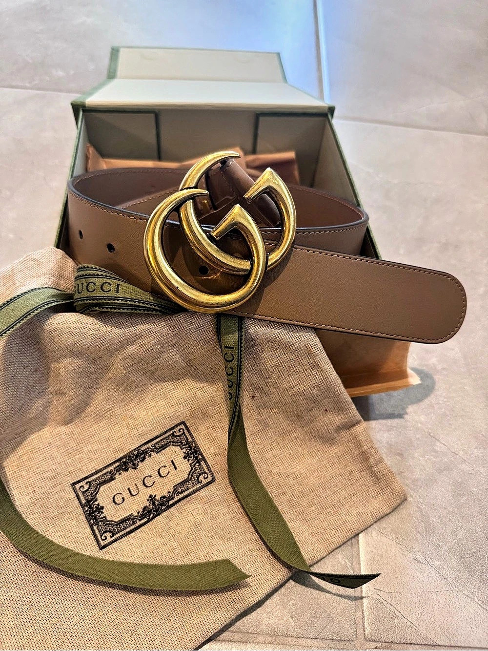 Authentic Gucci GG Marmont Double G Leather Belt Taupe Antiqued Gold 80/32 size
